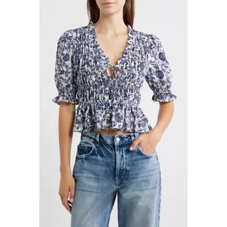 Rails Fontaine Floral Smocked Top in Indigo Marigold at Nordstrom, Size X-Large