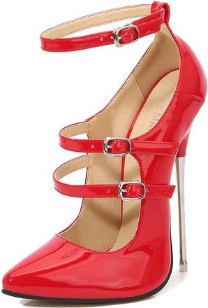 Generic Red,7.5 UK,Womens Pumps Pointy Closed Toe Stiletto high Heels with Double Ankle Straps Patent Leather Wedding Party Prom Dress Shoes