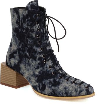 Generic Womens Lace Up Ankle Boots Synthetic Material Snakeskin Crocodile Denim Mix Pointed Toe Block Heels Comfortable Non Slip Durable for Daily Wear Street