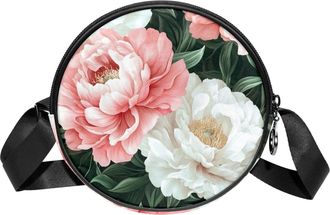 Generic Circle Crossbody Bag for Women, Peonies Pretty Small Sling Bag Daypack with Zipper Adjustable Shoulder Straps Casual Ladies Girls Round Purse