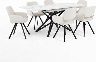 Urban Meuble Mesa de comedor extensible efecto m&aacute;rmol y 6 sillas giratorias beige