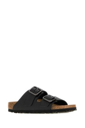 Birkenstock Unisex Black Leather Arizona Slippers Wb Vintage Wood Flat Shoes