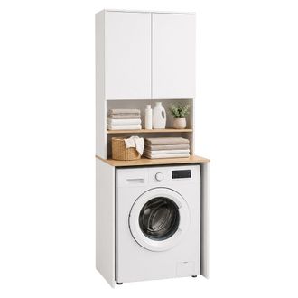 Relaxdays Relaxdays Mueble Sobre Lavadora, 4 Huecos, 188,5x68x60 Cm, Blanco/natural, Para Lavadora Y Secadora