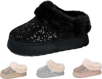 Generic Platform Slippers Glitter Slippers Womens Platform Flat Boots Glitter Sequin Boot Warm Winter Snow Boots Non-Slip Faux Fur Comfy Winter Shoes Indoor O