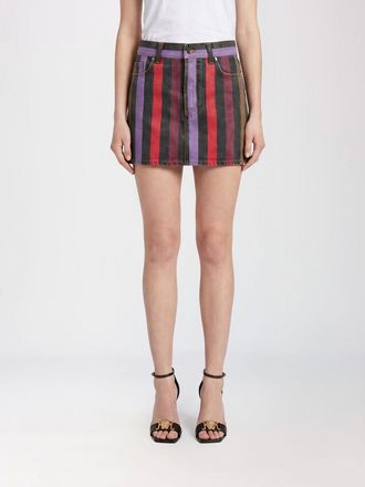 Versace Minigonna tubino in denim di cotone con stampa a righe multicolor