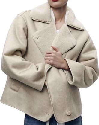 Generic Women Thick Sherpa Lined Faux Suede Jacket Oversized Leather Coat Shearling Fleece Moto Jacket Biker Winter Overcoat (Beige,M)