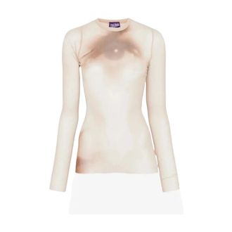 Jean Paul Gaultier Top de manga larga con estampado de rostro en malla - Tops - Mujer - Beige - XS