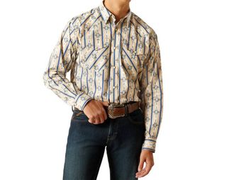 Ariat Mens Preston Long Sleeve Snap Shirt In Tan And Blue