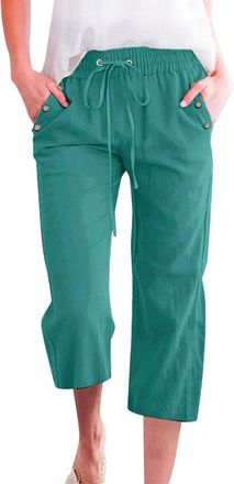 Generic Capris Pants for Women Cotton Linen Trousers Plus Size Lounge Casual Summer 2026 Fashion Outfits Ladies Straight Wide Leg Loose Drawstring Elastic Wai