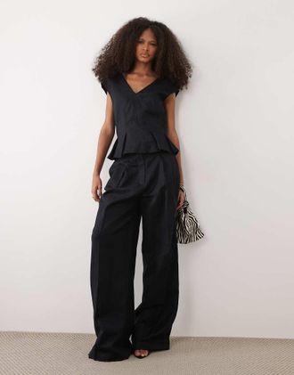 Mango Lbolga - Pantaloni ampi in misto lino blu navy in coordinato