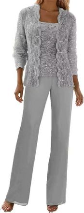 Generic 3 Pieces Lace Chiffon Mother of The Bride Pant Suits with Jackets Sequins Wedding Guest Dresses for Women (Silver,XXL)