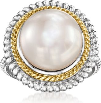 Ross-Simons 12-12.5mm Cultured Pearl Roped-Edge Ring in Sterling Silver and 14kt Yellow Gold