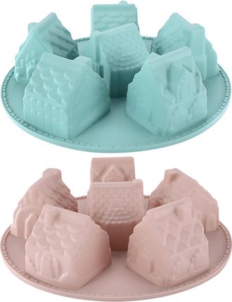 OEM Juego De 2 Moldes De Silicona Para Hornear Con Forma De Casa - 6 Cavidades - Molde Antiadherente Para Pasteles, Ideal Para Pud&iacute;n De Navidad, Postres, 