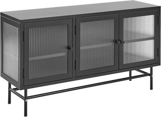 Beliani Beliani - Aparador De Metal Negro 115 X 35 Cm 3 Puertas Estantes Vidrio Patas Devon