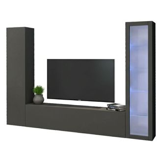 Dmora Aparador Dekda, Conjunto De Sal&oacute;n Mueble De Tv Con 3 Puertas, Mueble De Sal&oacute;n Polivalente Con Vitrina Y Luz Led, 100% Made In Italy, Cm 260x30h180, An