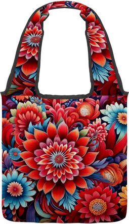 Generic Red Rich Flower Reversible Canvas Shoulder Tote - Double-Sided Print, 12oz Cotton, 27cm Drop, Fold-Flat Bag for Travel, Shopping, Street Outings