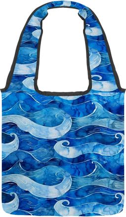 Generic Blue Waves Print Reversible Canvas Shoulder Tote - Double-Sided Print, 12oz Cotton, 27cm Drop, Fold-Flat Bag for Travel, Shopping, Street Outings