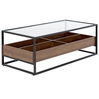 Beliani Mesa De Centro De Tablero Vidrio Templado Metal Negro Madera Oscura Waco