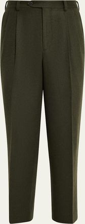 Auralee Mens Dark Olive Pleated Wool Trousers
