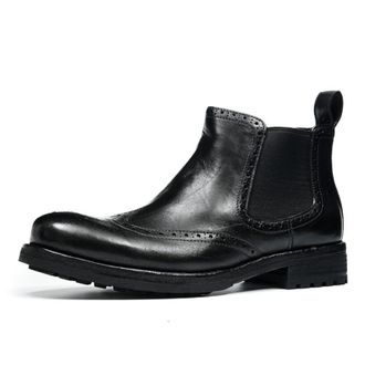 Generic Mens Pull on Chelsea Ankle Boots Round Toe Vintage Brogue Shoes Chunky Block Heel Short Boots,Black,5.5 UK