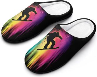 Generic Rainbow Ski Racing Skier Mens Slippers Slip On Comfortable Fleece Cotton House Shoes Winter