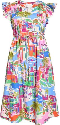 Sugarlips Karani Starburst Flutter Sleeve Tie Waist Midi Dress in Cream Blue Multi at Nordstrom, Size 1 X