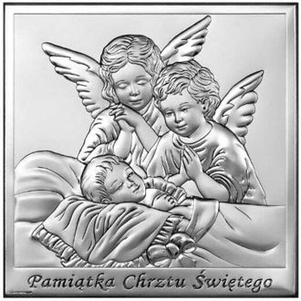 OEM Cuadro En Plata De Dos &Aacute;ngeles Con Grabado, Recuerdo Del Santo Bautismo 6444 8 X 8 Cm