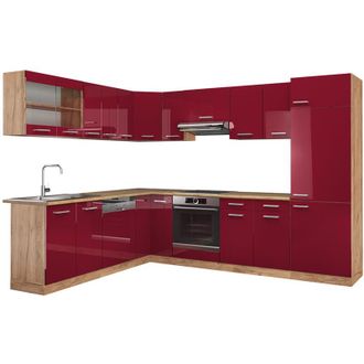 Vicco Cocina Esquinera R-line, Burdeos Brillo Intenso/roble Dorado, 227 X 287 Cm, Et Roble