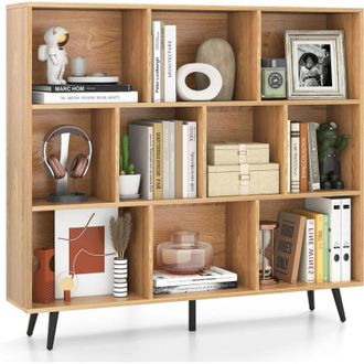 Costway 10-Cube Bookcase Mid Century Modern Storage Organizer-Natural