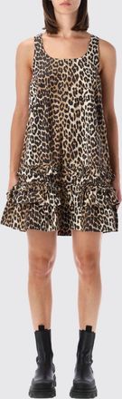 Ganni Mini abito svasato in cotone organico animalier con spalle scoperte