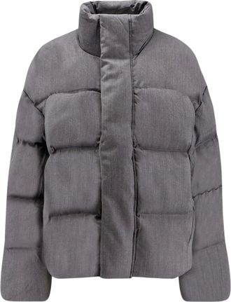 Entire studios Boxy Cropped Grey Down Jacket With Concealed Closure And Textured Fabric