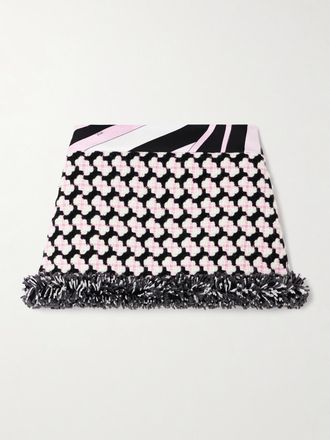 Pucci Minigonna In Tweed Di Misto Lana Con Frange E Finiture In Cr&ecirc;pe Stampato - Rosa