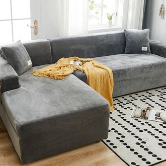 OEM Funda El&aacute;stica De Felpa Para Sof&aacute; Esquinero, Funda Universal Para Sof&aacute;s De 1, 2, 3 Y 4 Plazas - 2 Plazas, Gris Oscuro (se Requieren Dos Fundas Para Un