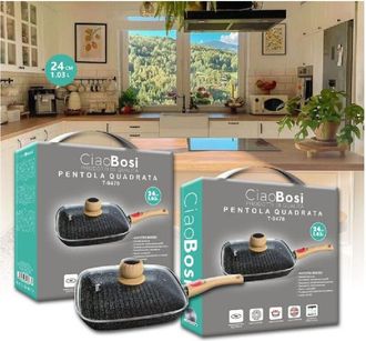 Trade Shop Trade Shop - Padella Pentola Quadrata Con Manico Coperchio Vetro 24cm 1.03lt Antiaderente T-9478