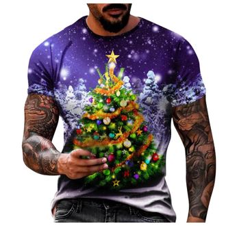 Generic Christmas T-Shirts for Men UK Merry Christmas Tree Printed Short Sleeve Round Neck Tee Shirts Slim-fit Novelty Funny Fashion Attractive Polos Autumn W