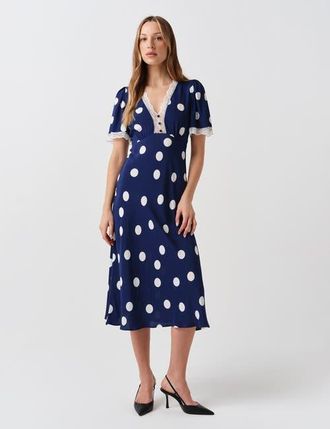 Ghost London Belle Lace Crepe Midi Dress in Navy Spot at Nordstrom, Size 10