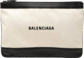 Balenciaga Pre-owned Navy Clip M Canvas Leather Clutch Bag - Dames - Vintage Clutch - Beige - ONE Size - Leer - Vintage