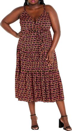 City Chic Nova Tiered Midi Dress in Orange Print at Nordstrom, Size Xl