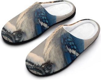 Generic Blue Jay Bird Old Street Mens Cozy Cotton Slippers with Memory Foam Lightweight Anti-skid House Shoes for Indoor Outdoor