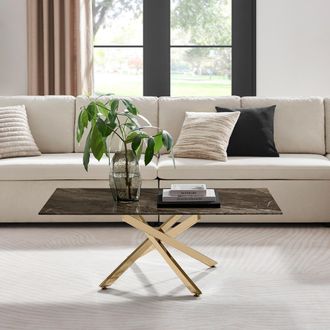 Furniturebox Leonardo Rectangular Marble Effect Glass Top Coffee Table With Gold Metal Starburst Legs in Grey