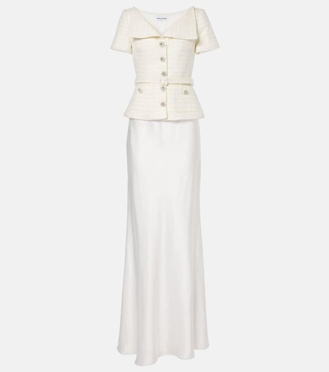 Bridal peplum satin and boucle maxi dress