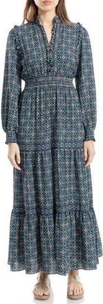 Max Studio Tiered Long Sleeve Maxi Dress in Nvytrqoc-Navy/turq Overlap Circles at Nordstrom Rack, Size X-Large Regular