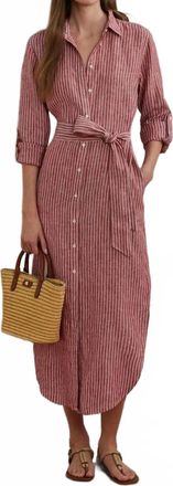 Ralph Lauren Striped Linen Roll-Tab-Sleeve Shirtdress In Red/cream
