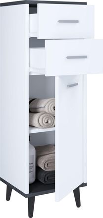 ebuy24 Vcm Cofre De Madera De Cajones Aparador Estrecho Con Una Puerta Giratoria Y Dos Cajones Dimensiones Aprox. Al. 97 X An. 32 X P. 28 Cm - Lindas (blanco