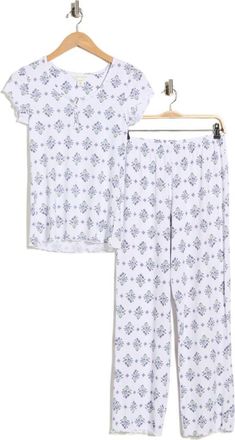 Laura Ashley Foulard Print Ribbed Henley & Pants Pajamas in Blue Foulard at Nordstrom Rack, Size X-Large