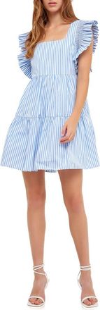 English Factory Stripe Square Neck A-Line Dress in Blue Stripe at Nordstrom, Size Large