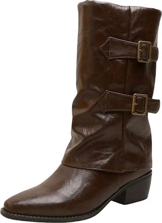 Generic Womens Retro Mid Calf Boots Pointed Toe High Block Heel Slip On Design With Metal Decoration Belt Buckle Daily Wear