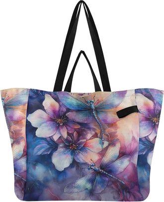 Generic Blossom Purple Dragonfly print Reusable Canvas Tote Bag, Heavy Duty Grocery Shopping Bag with Large Capacity Hard Bottom Double Handles Work Groceries