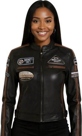 Infinity Leather Womens White Leather Biker Racing Badges Jacket-Dalby