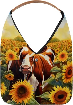 Generic Cow Sunflowers American Flag Reusable Lightweight Grocery Bags - Foldable Into Compact Pouch, Washable & Sturdy, Multipurpose for Shopping and Travel